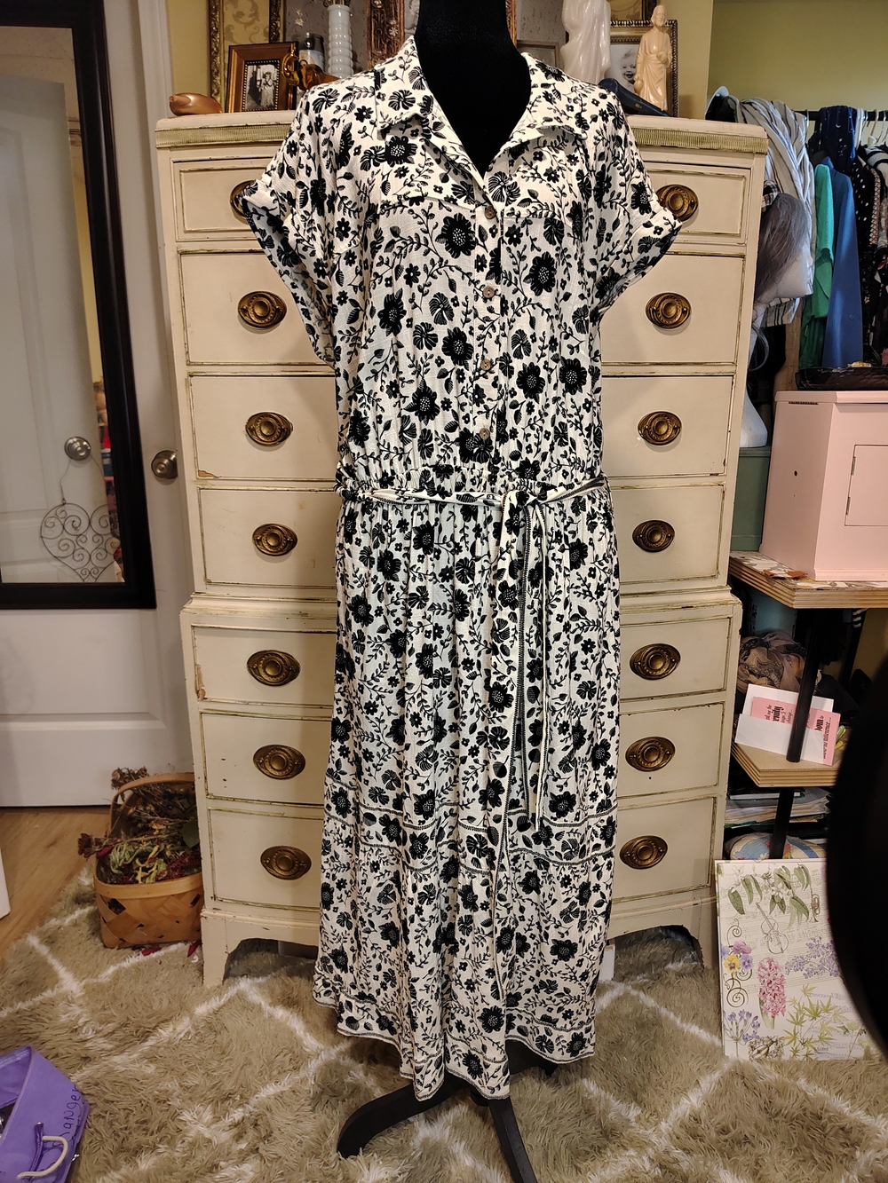 Lucky Brand Black and White Floral Tie-Waist Maxi Dress